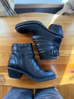 FLY LONDON Women's Black Leather Ankle Booties with Side Zip and Buckle Accent